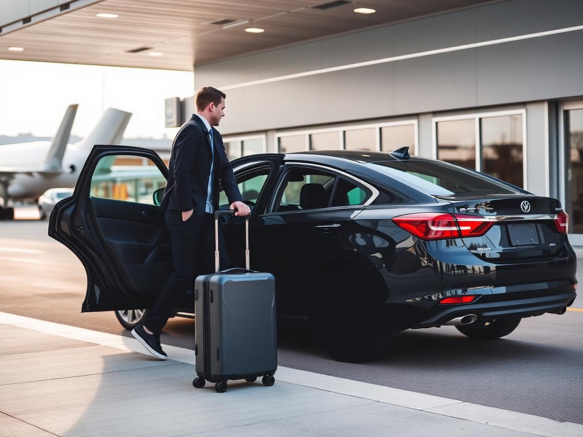 Passenger with luggage stepping out of an airport taxi from Parry Sound at the terminal