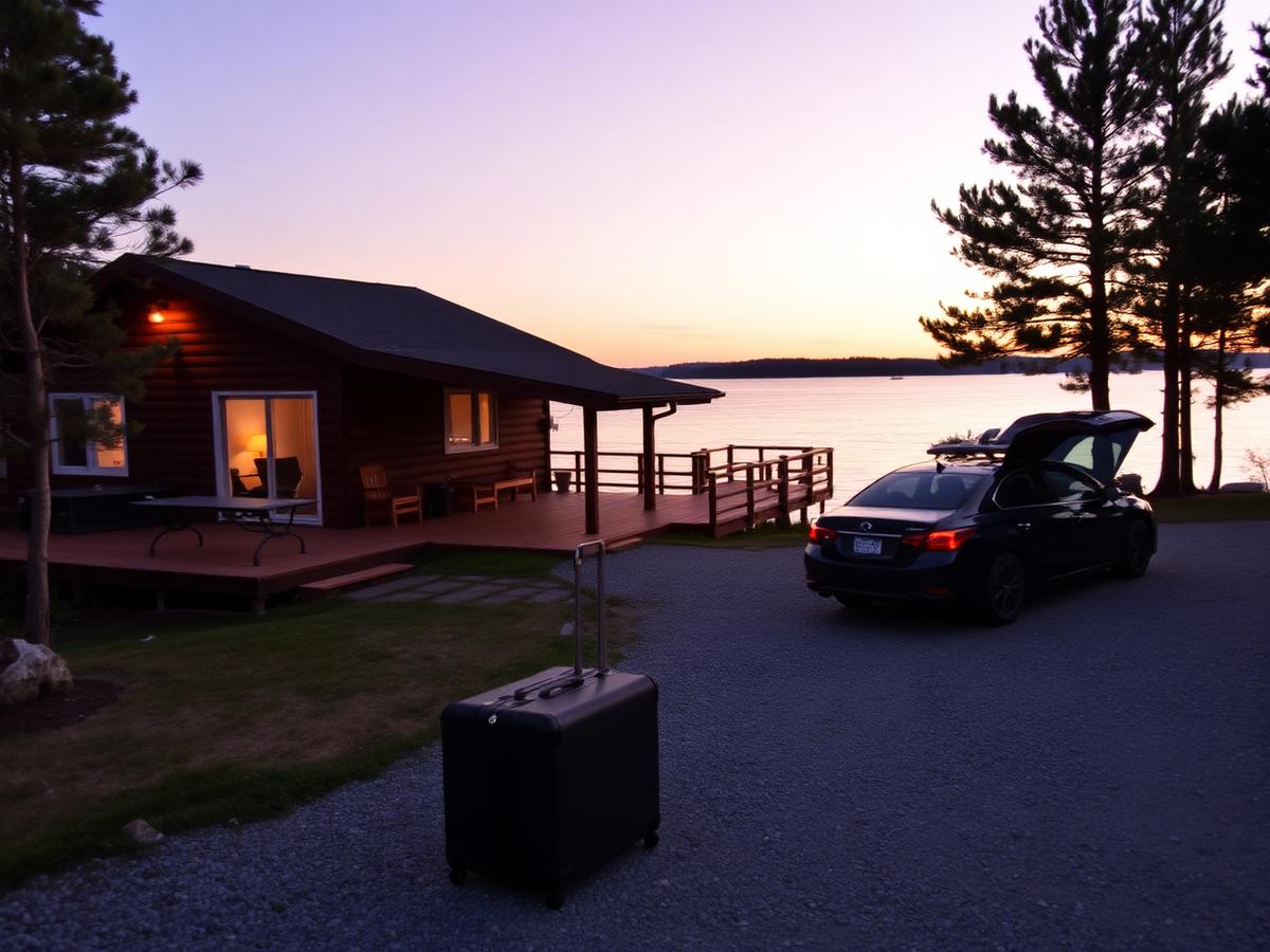 Cottage taxi pickup at a lakeside Parry Sound cottage at dusk with luggage on the gravel driveway