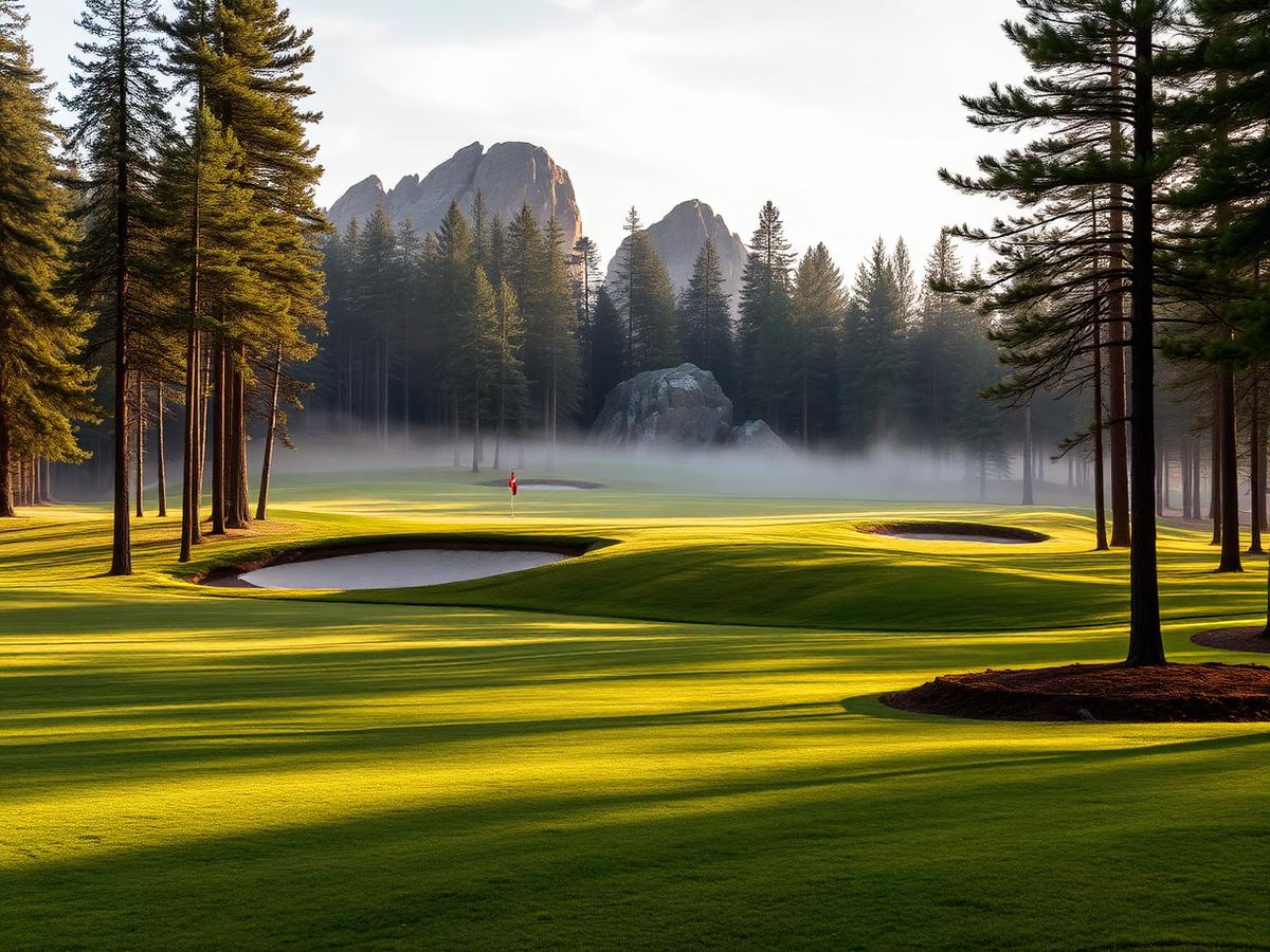 Golf course fairway near Parry Sound lined with pine trees, a stop for golf course transportation